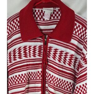 Crystal Kobe Women's XL‎ Red White Geometric Zip Up Collared LS Sweater Ski